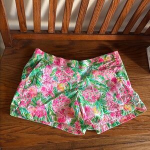 Lilly Pulitzer Pink and Green Bermuda Shorts Vibrant Tropical Print